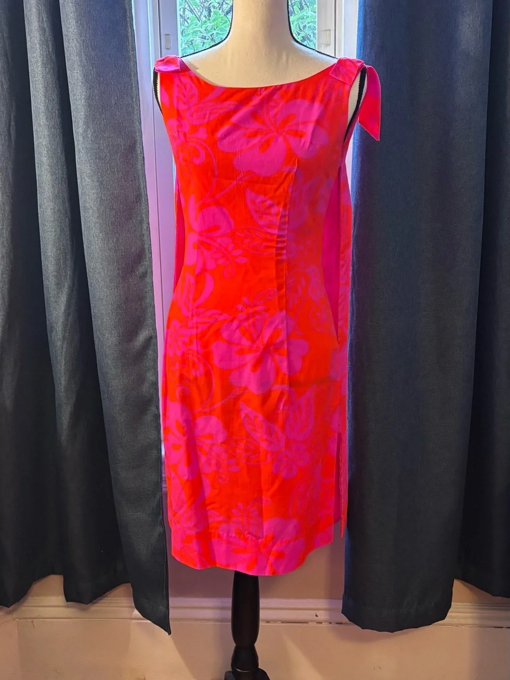 Vintage Vibrant Pink and Orange Floral Midi Dress w/Tie-Shoulder Detail -Size 8